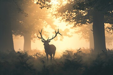 A majestic deer stands in the misty forest, its antlers silhouetted against the vibrant sunset sky