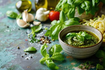 Italian pesto recipe for making fettuccine pasta bruschetta presented with ingredients on a rustic green table