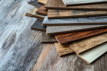 Laminate and vinyl floor samples on wooden background for renovating or new floor in buildings