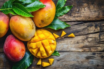 Mango on wooden background from top view with copy space tropical fruit