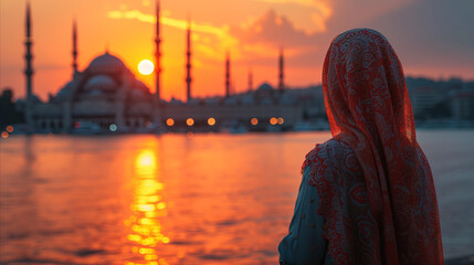 Naklejka premium At sunset in Istanbul, a woman in a headscarf is watching the mosque scenery