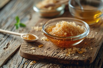 Natural beauty product homemade lip scrub with brown sugar honey and olive oil in a glass bowl