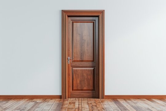 Modern looking wooden texture on clean surface of closed wooden door and interior of empty room in house building with white gray walls and wooden or laminate f