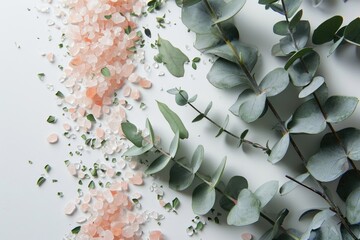 Organic Himalaya salt and fresh eucalyptus on white background Spa and wellness concept represented Minimalism style display