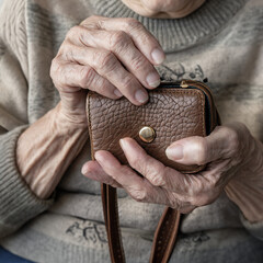 Eine ältere Frau umfaßt ihr Portemonnaie (Konzept Altersarmut) - obrazy, fototapety, plakaty