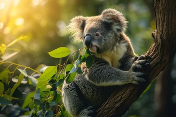 Fototapeta premium Cute koala eating on tree branch in the forest