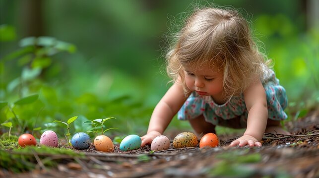 Little baby crawling to colorful painted eggs in the countryside