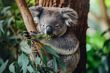 Cute koala eating on tree branch in the forest