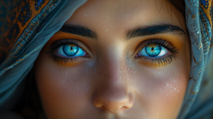 Close-up, macro portrait of blue eyes of a beautiful, dark-haired girl, a woman in a headscarf.