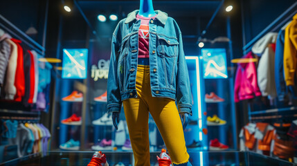 Display of Blue Jean Jacket and Yellow Pants