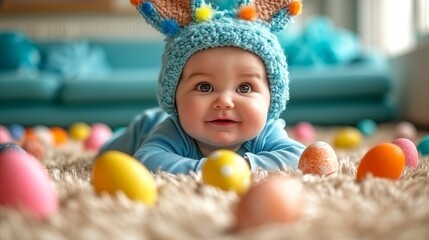 A baby standing in the living room in front of the colorful eggs.