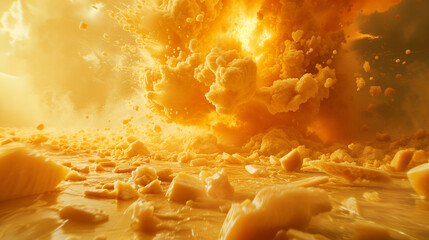 A powerful, bright explosion of hot, melted cheese with flying pieces on a yellow background.