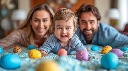A family posing with their baby in front of the painted colorful Easter eggs