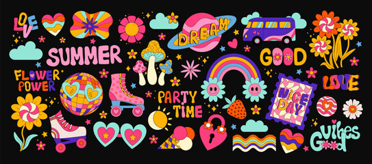 Retro 70s hippie stickers, psychedelic groovy elements. Funky cartoon mushrooms, rollers, rainbow, vintage set of vector elements in vintage style. stickers vinyl, sun, flowers - obrazy, fototapety, plakaty