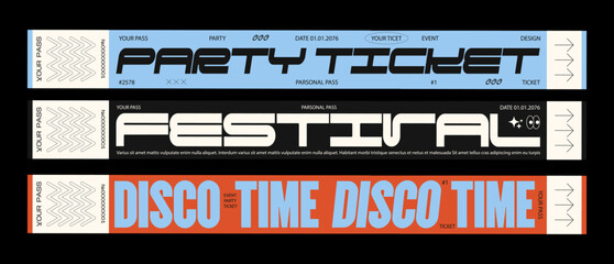 Control ticket bracelets for events, disco, festival, fan zone, party, staff. Vector mockup of a festival bracelet in a futuristic style	