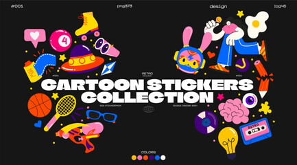 Cartoon retro groovy stickers, big set  funky doodle style of the 90s. Trendy patches, labels, characters, space, hippie objects. Vector set