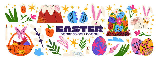 Cartoon set of Easter stickers in abstract 90s retro style. Spring elements, rabbits, eggs, Christian holiday, Easter baskets, flowers. Vector groovy illustration