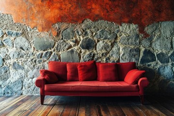 Red stone wall wooden laminate flooring empty space sofa