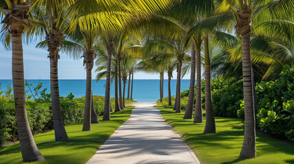Scenic Pathway Lined With Palm Trees Leading to the Ocean