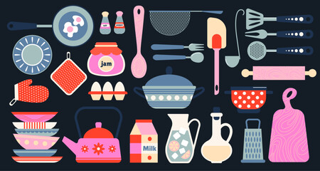 Kitchenware stickers in cartoon style. Crockery, cutlery, kitchen equipment for cooking. Bright set of cooking elements. Pan, spoon, fork, frying pan. Vector set - obrazy, fototapety, plakaty