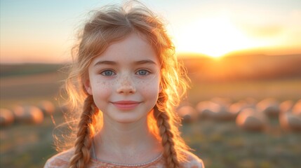 A little girl posing in front of a field
