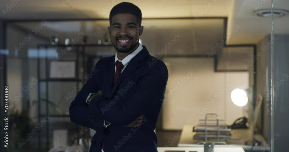 Poster Smile, crossed arms and face of businessman in office with positive, proud and confident attitude. Pride, happy and portrait of professional male lawyer with legal career in modern workplace at night