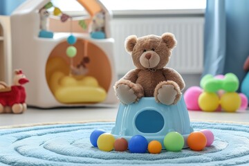 Teddy bear and toys in room for toilet training with light blue baby potty