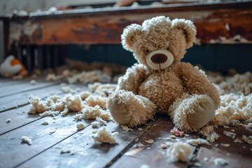 Teddy bear with disheveled stuffing on wooden floor