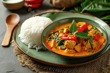 Thai red curry chicken with stream rice panang on a green plate against a grey background Focus is...