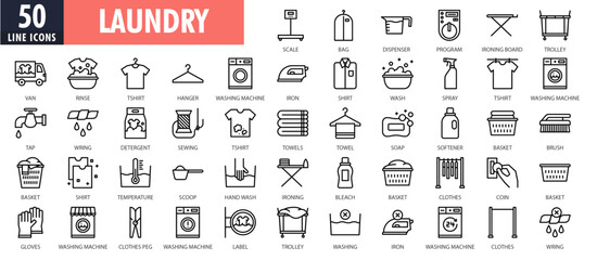 Laundry line icons set. outline line icons collection. Set included outline icons like Washer, Detergent, Clean, Machine, Dryer, Shirt, Iron, Hanger, Clothes, Softener. - obrazy, fototapety, plakaty