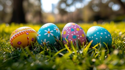 Rows of colorful Easter eggs lined up.