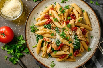 Top view of penne pasta dish with spinach sun dried tomatoes chicken parmesan cheese and parsley on a ceramic plate - obrazy, fototapety, plakaty