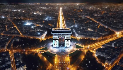 Aerial View over Paris Arc de Triomphe at night - obrazy, fototapety, plakaty