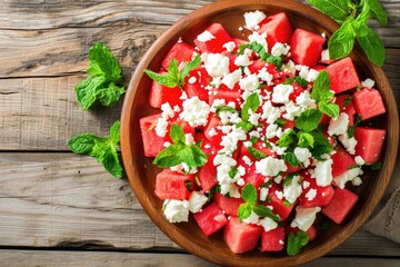 Watermelon salad with feta and mint served on a wooden plate