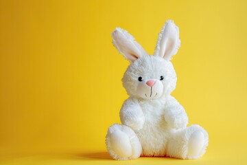 White stuffed toy bunny on colorful background representing Easter