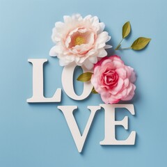 Valentines day concept with love letters and flowers on blue pastel background.	