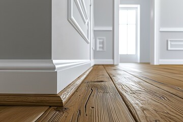 Wooden floor complemented by white walls and skirting - obrazy, fototapety, plakaty