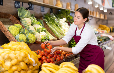 Positive young shop assistant putting fresh tomatoes on counter in large greengrocery