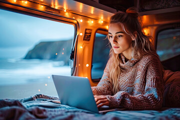Mujer nómada digital trabajando con el ordenador en una furgoneta camper al atardecer en la playa