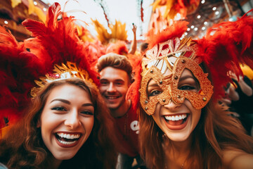 photograph of a group of smiling young friends taking a selfie during a carnival party celebration with masks and makeup. Image created by AI - obrazy, fototapety, plakaty