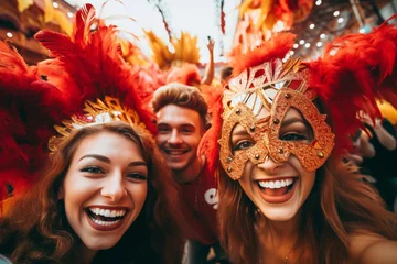 Fotobehang photograph of a group of smiling young friends taking a selfie during a carnival party celebration with masks and makeup. Image created by AI © Avelino