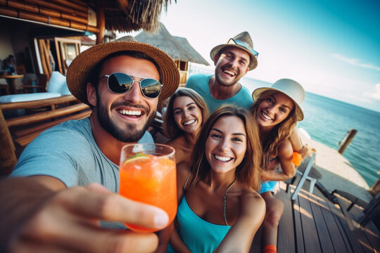 photo of a group of young friends smiling taking a selfie on a boat and with copy space concept travel vacation. Image created by AI