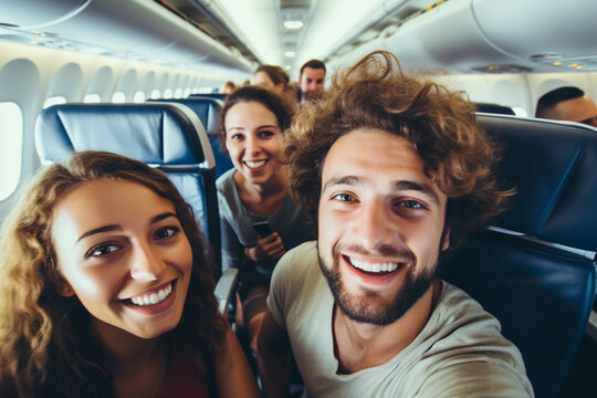 photo of a group of smiling young friends taking a selfie inside an airplane as a vacation souvenir with copy space. Image created by AI