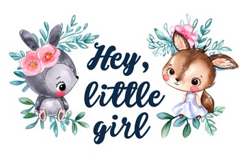 Obraz premium Baby shower card with cute baby animals for a newborn, little girl, baby art