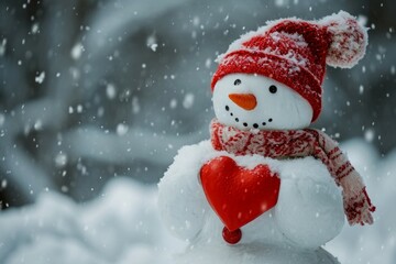 Snowman with heart, Valentine's day concept. Background with selective focus and copy space