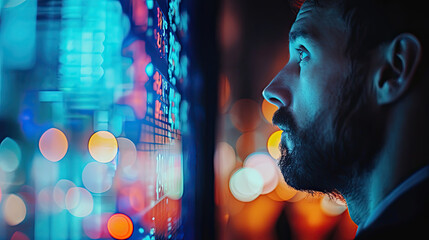 stock broker is watching the blue light stocks details on the board