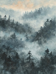 clouds in the black forest water color art with grey tone background