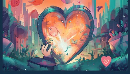 Draw a flat illustration of the future world of cyberpunk in the shape of a love heart, colorful and bold, hand-painted flat style, with a love heart in the center,