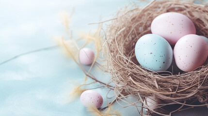 Naklejka na ściany i meble Nests with quail Easter eggs on a soft blue wooden background.