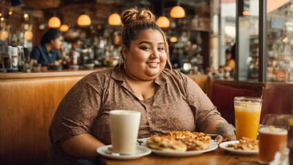 Fototapeta na wymiar Portrait of a very fat woman in a cafe cheerful